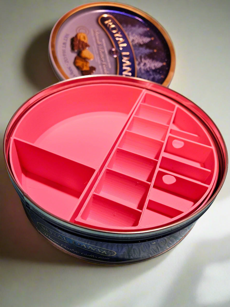 Grandma's Cookie Tin Storage Starter Set - Plastic Divided Inserts AND 7.5" Danish Cookie Tin - Craft or Sewing Supply Case - 3D Printed